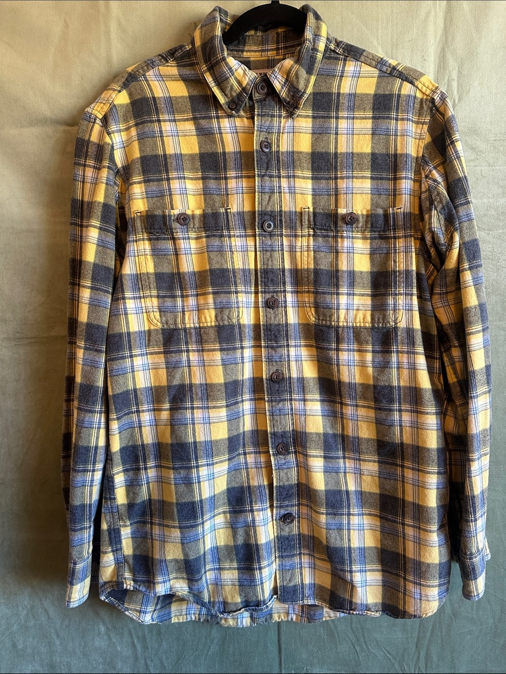 #919 Duluth Trading Co Yellow and Navy Plaid Button-Down Shirt
